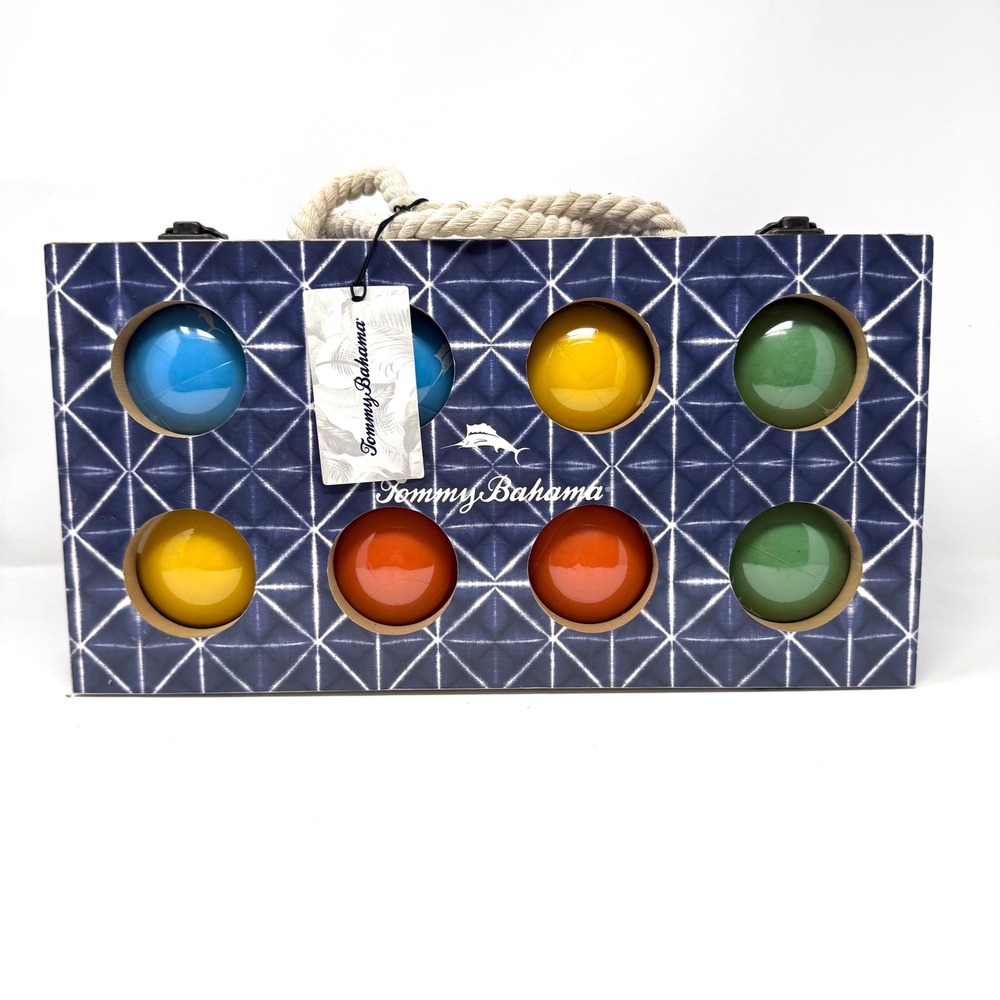 Tommy Bahama Bocce Ball Set Blue Geometric Wood Case‎ Rope Handle SM-54337B New